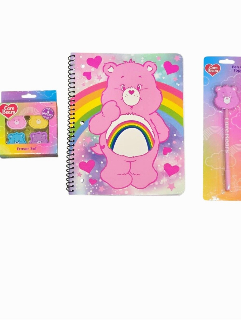 Care Bears Rainbow Spiral Notebook, Eraser Set, & Pen w/Topper